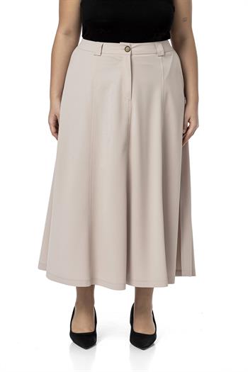 Büyük Beden Yanlardan Yırtmaçlı Beli Arkadan Lastikli Midi Bej Rengi Etek