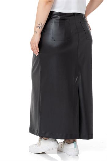 Büyük Beden Yırtmaç Detaylı Cepli Uzun Siyah Deri Etek