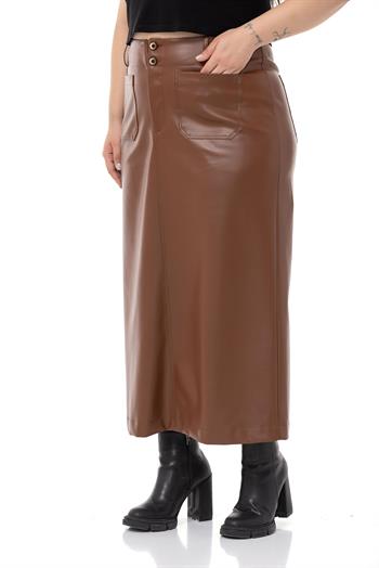Büyük Beden Yırtmaç Detaylı Cepli Uzun Kahverengi Deri Etek