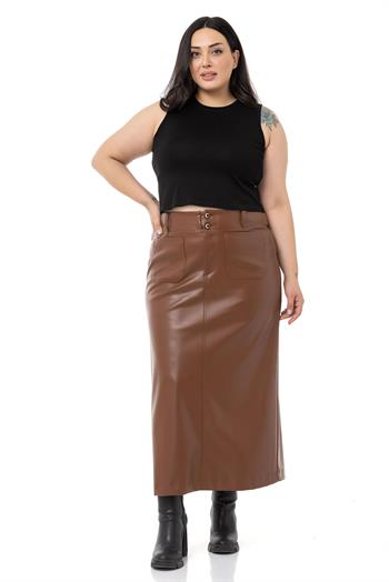 Büyük Beden Yırtmaç Detaylı Cepli Uzun Kahverengi Deri Etek