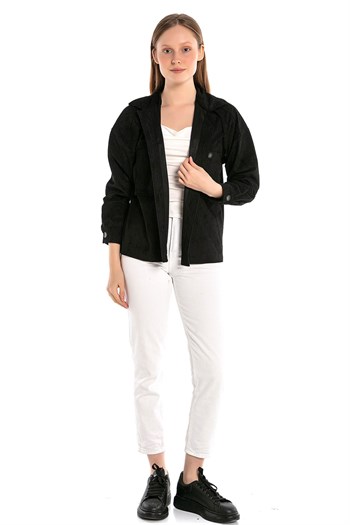 Göğüsten Çift Cepli Robalı Fitilli Kadife Kısa Siyah Kadın Gömlek