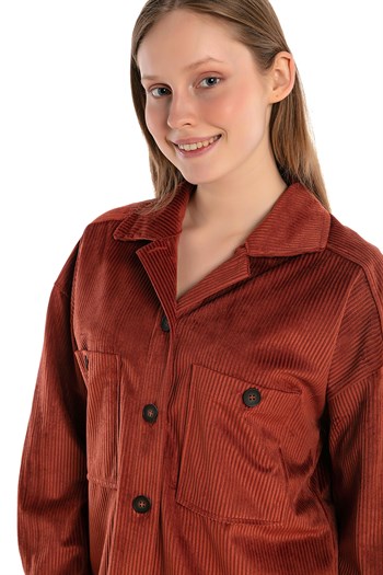 Göğüsten Çift Cepli Robalı Fitilli Kadife Kısa Kiremit Kadın Gömlek