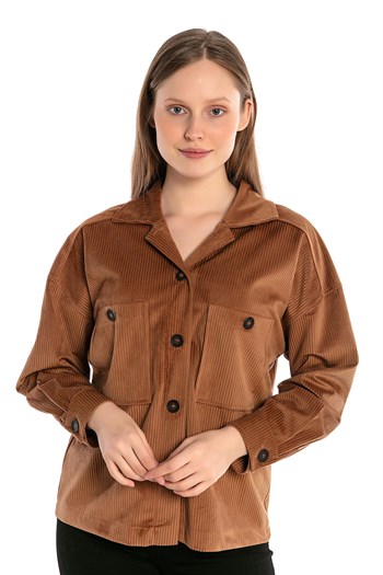 Göğüsten Çift Cepli Robalı Fitilli Kadife Kısa Camel Kadın Gömlek