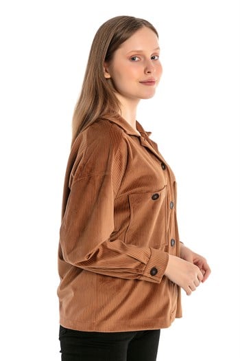 Göğüsten Çift Cepli Robalı Fitilli Kadife Kısa Camel Kadın Gömlek
