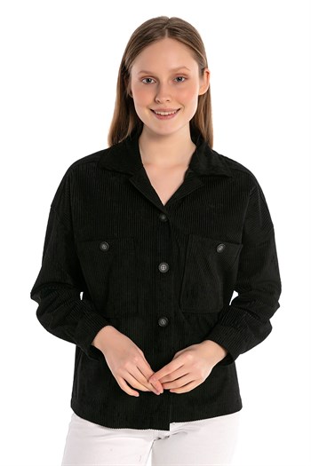 Göğüsten Çift Cepli Robalı Fitilli Kadife Kısa Siyah Kadın Gömlek