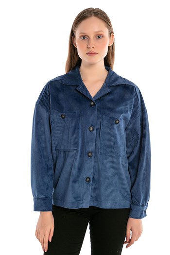 Göğüsten Çift Cepli Robalı Fitilli Kadife Kısa İndigo Kadın Gömlek