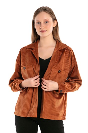 Göğüsten Çift Cepli Robalı Fitilli Kadife Kısa Tarçın Kadın Gömlek