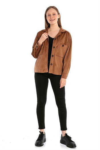 Göğüsten Çift Cepli Robalı Fitilli Kadife Kısa Camel Kadın Gömlek