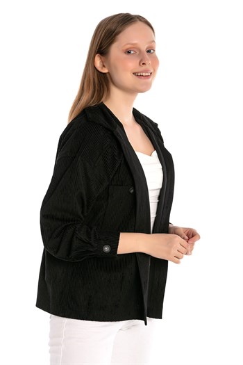 Göğüsten Çift Cepli Robalı Fitilli Kadife Kısa Siyah Kadın Gömlek