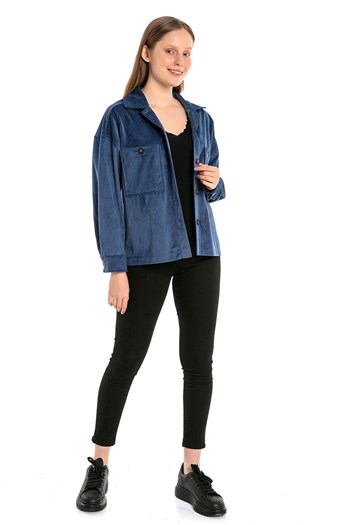 Göğüsten Çift Cepli Robalı Fitilli Kadife Kısa İndigo Kadın Gömlek
