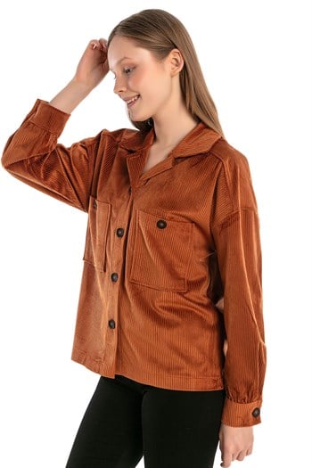 Göğüsten Çift Cepli Robalı Fitilli Kadife Kısa Tarçın Kadın Gömlek