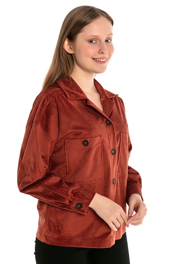 Göğüsten Çift Cepli Robalı Fitilli Kadife Kısa Kiremit Kadın Gömlek
