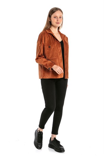 Göğüsten Çift Cepli Robalı Fitilli Kadife Kısa Tarçın Kadın Gömlek