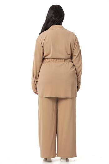 Büyük Beden Beli Kemerli Gömlek Pantolon Camel İkili Takım 