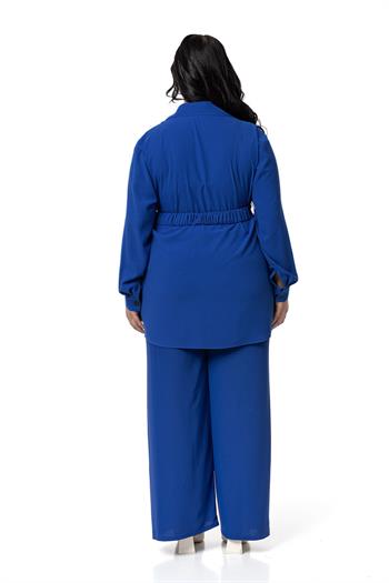Büyük Beden Beli Kemerli Gömlek Pantolon Saks Mavi İkili Takım 