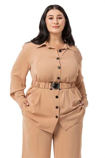 Büyük Beden Beli Kemerli Gömlek Pantolon Camel İkili Takım 
