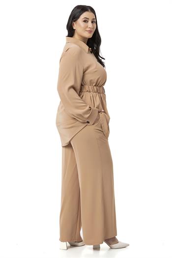 Büyük Beden Beli Kemerli Gömlek Pantolon Camel İkili Takım 