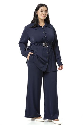 Büyük Beden Beli Kemerli Gömlek Pantolon Lacivert İkili Takım 