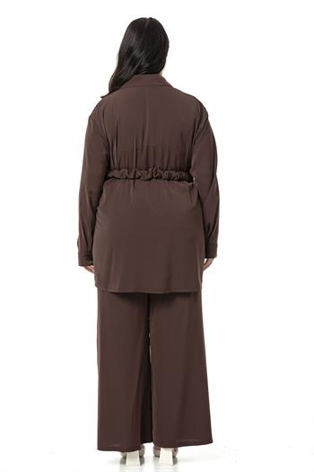Büyük Beden Beli Kemerli Gömlek Pantolon Kahverengi İkili Takım 