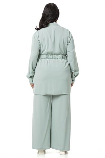 Büyük Beden Beli Kemerli Gömlek Pantolon Mint Yeşili İkili Takım 