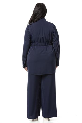 Büyük Beden Beli Kemerli Gömlek Pantolon Lacivert İkili Takım 