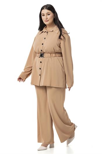 Büyük Beden Beli Kemerli Gömlek Pantolon Camel İkili Takım 
