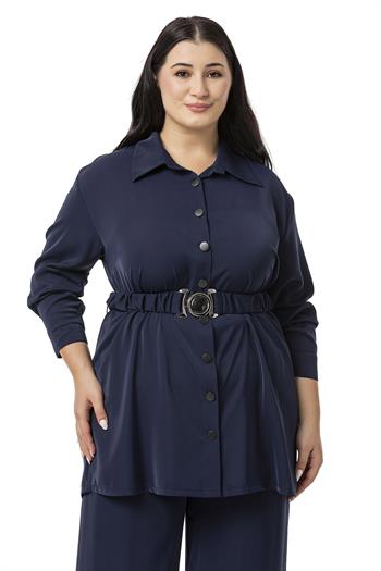 Büyük Beden Beli Kemerli Gömlek Pantolon Lacivert İkili Takım 