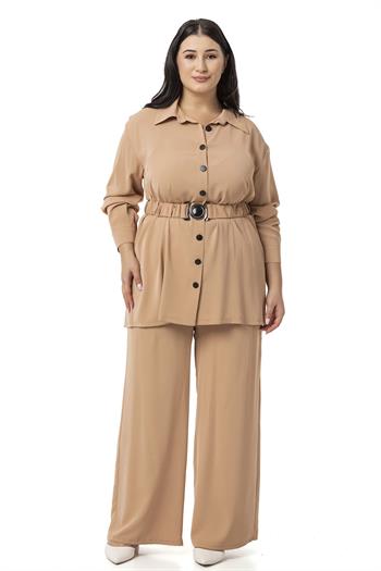 Büyük Beden Beli Kemerli Gömlek Pantolon Camel İkili Takım 