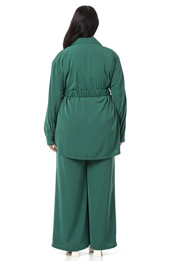 Büyük Beden Beli Kemerli Gömlek Pantolon Zümrüt İkili Takım 