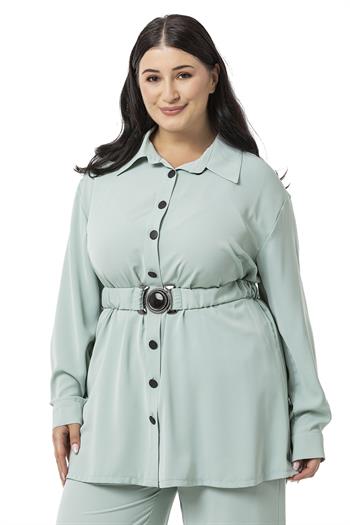 Büyük Beden Beli Kemerli Gömlek Pantolon Mint Yeşili İkili Takım 