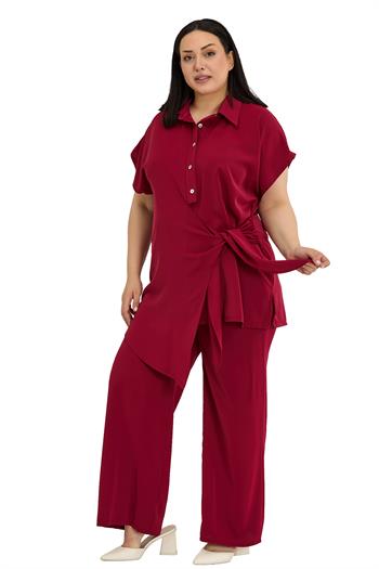 Büyük Beden Önden Bağlama Detaylı Gömlek Pantolon Bordo İkili Takım