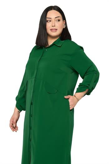 Büyük Beden Uzun Gömlek Pantolon Zümrüt Yeşili İkili Takım