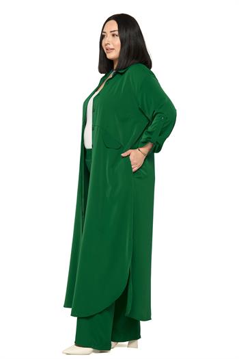 Büyük Beden Uzun Gömlek Pantolon Zümrüt Yeşili İkili Takım