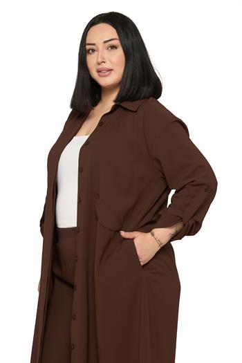 Büyük Beden Uzun Gömlek Pantolon Kahverengi İkili Takım