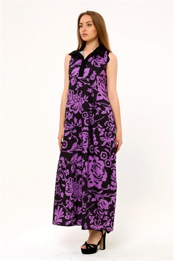 Shirt Collar Pleats Under the Breast Side Pockets Floral Patterned Long Lilac Dress