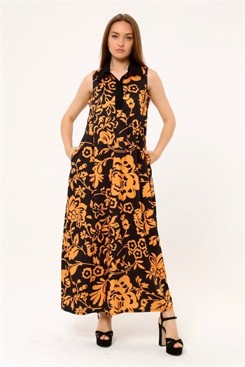 Shirt Collar Pleats Under the Breast Side Pockets Floral Patterned Long Mustard Dress