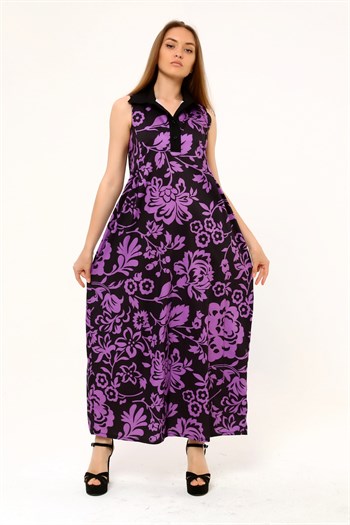 Shirt Collar Pleats Under the Breast Side Pockets Floral Patterned Long Lilac Dress