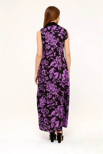 Shirt Collar Pleats Under the Breast Side Pockets Floral Patterned Long Lilac Dress
