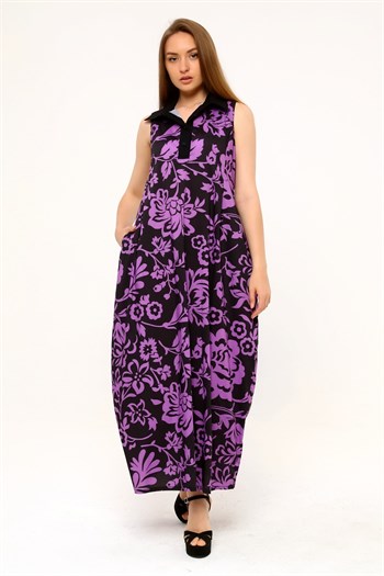 Shirt Collar Pleats Under the Breast Side Pockets Floral Patterned Long Lilac Dress