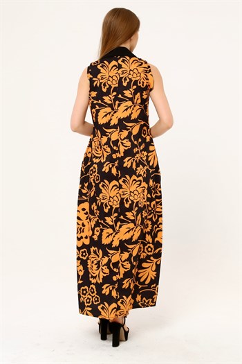 Shirt Collar Pleats Under the Breast Side Pockets Floral Patterned Long Mustard Dress