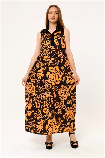 Shirt Collar Pleats Under the Breast Side Pockets Floral Patterned Long Mustard Dress