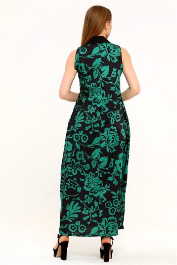 Shirt Collar Pleats Under the Breast Side Pockets Floral Patterned Long Green Dress
