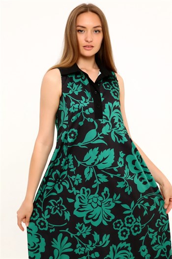 Shirt Collar Pleats Under the Breast Side Pockets Floral Patterned Long Green Dress
