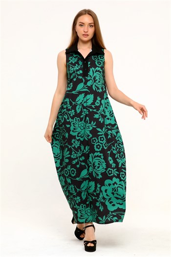 Shirt Collar Pleats Under the Breast Side Pockets Floral Patterned Long Green Dress