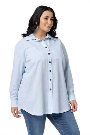 Büyük Beden Çıtçıt Kapamalı Plikaşeli Manşetli Cepli Mavi Gömlek