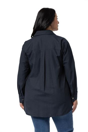 Büyük Beden Çıtçıt Kapamalı Plikaşeli Manşetli Cepli Lacivert Gömlek