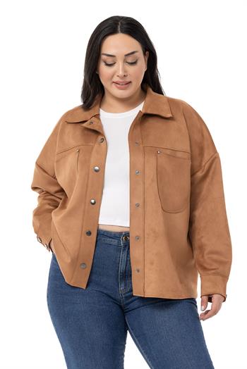 Büyük Beden Çıtçıt Kapamalı Torba Cepli Süet Tarçın Gömlek