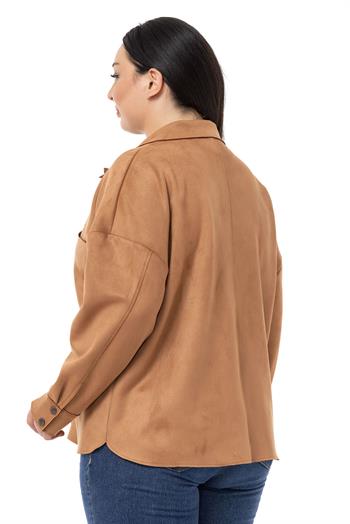 Büyük Beden Çıtçıt Kapamalı Torba Cepli Süet Tarçın Gömlek
