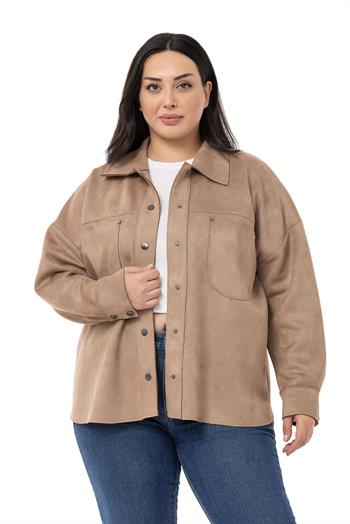 Büyük Beden Çıtçıt Kapamalı Torba Cepli Süet Vizon Gömlek