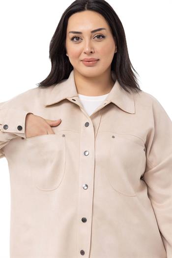 Büyük Beden Çıtçıt Kapamalı Torba Cepli Süet Bej Rengi Gömlek